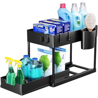 Puricon Lot de 1 Rangement sous Évier à 2 Étages, Organisateur Cuisine avec Tiroirs Amovibles, Rangement Coulissant sous Évier, Organisateur Placard, Étagère, Panier Coulissant pour Cuisine -Noir