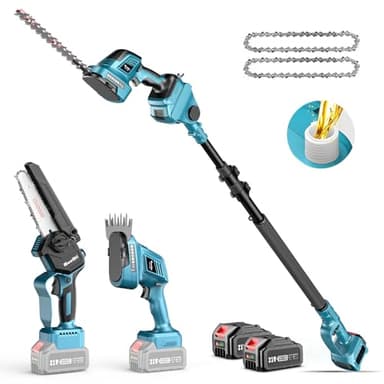 Seesii 6-en-1 Mini Tronçonneuse & Taille-haie, avec 2 * 4000mAh Batteries, Tronconneuse Electrique à Perche Télescopique, Portée Maximale Jusqu'à 4,57m, à 30 ML Bouteille d'huile