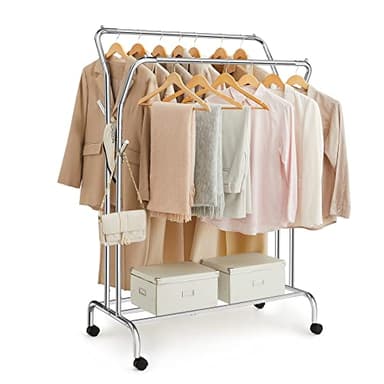 SONGMICS Portant à Vêtements avec roulettes, Double Barre, Porte-Manteau, en Acier, Charge 100 kg, Largeur de 103,5 cm, Rangement Polyvalent, Argent HSR107E01