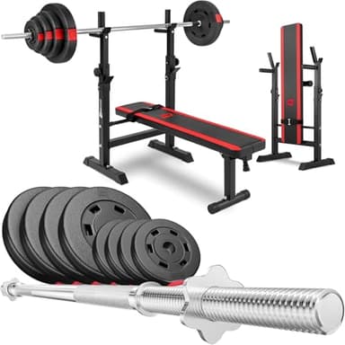 Hop-Sport Banc de Musculation HS-1080 Pliable Complet Multifonction et Réglable avec Poids de 30/60/90 kg (30 kg + Barre Longue)