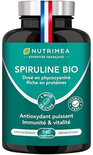 Spiruline BIO - Sans Excipients & OGM - 19% de Phycocyanine - Riche en Protéines, Fer & Antioxydants - Nutrimea - 540 Comprimés Vegan de 500 mg - 6 Mois de Cure - Fabriqué en France