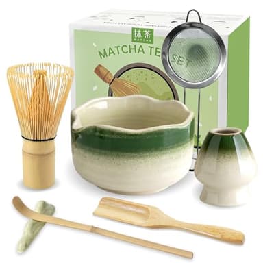 JBER Matcha Kit 7 Pièces - Fouet en Bambou pour Matcha, Bol à Matcha à Buse, Support pour Fouet, Tamis à Matcha, Cuiller et Support, Kit de Thé Japonais pour Amoureux du Matcha - Vert Dégradé