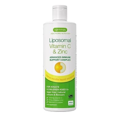 Vitamine C Liposomale 1000 mg Liquide avec Zinc, Cuivre et Sélénium - Système Immunitaire & Réduction de la Fatigue - Goût d'agrumes et vanille, Adultes et Enfants, 30 – 90 portions