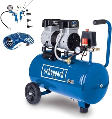 Scheppach Compresseur d’air HC26Si | Compresseur à air ultra silencieux | Cuve 24 L | 8 bars | 230 V | Capacité d’aspiration 162 L/min | Sans huile & Peu d'entretien (Avec 14 accessoires inclus)