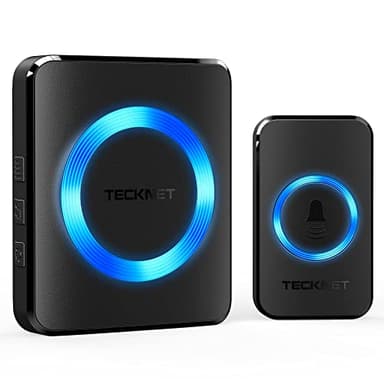 TECKNET Sonnette sans Fil Exterieur Étanche, IP65 Étanche 400 Mètres Sonnette Electronique, 60 Mélodies 5-Niveaux LED Bleu, pour Maison, Hôtel, Urgence-Noir