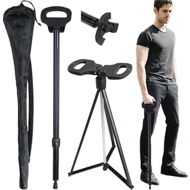 ALEVMOOM Siège De Canne Pliant,Canne Siège Trépied Pliable,Canne Et Siège Combinés,Bâton De Marche Léger À Trépied Réglable en Hauteur Et Siège, Tabouret À Béquille pour Personnes Âgées