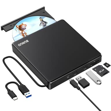 BUNUD Lecteur CD DVD Externe USB 3.0 Type-C Lecteur CD Externe avec 2 USB et Fente SD/TF, Portable Lecteur Graveur CD DVD Externe pour PC Mac MacBook Pro Air Windows 11/10 Apple iMac Laptop