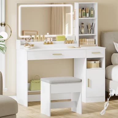 HEXCELEN Coiffeuse avec Miroir et Tabouret, Grand Miroir LED, Luminosité Réglable, Table de Maquillage, Coiffeuse avec 2 Tiroirs, 4 Compartiments et Armoire, 40 x 108 x 141 cm Blanc