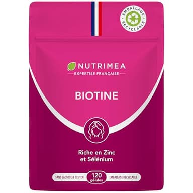BIOTINE | Sans Excipient | Accélère la Pousse des Cheveux & Ongles | Avec Vitamine B8, Pépins de Courge, Zinc et Sélénium | 120 Gélules Vegan | Fabrication Française | Nutrimea
