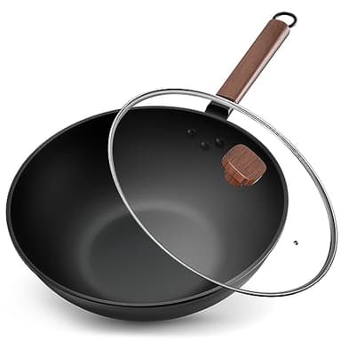 Jobin 33 cm/5,6L Wok en Acier au Carbone Avec Couvercle - Sans Revêtement Chimique - Cuisiner des Plats Asiatiques pour 4-6 Personnes - Convient à Induction/Electrique/Gas