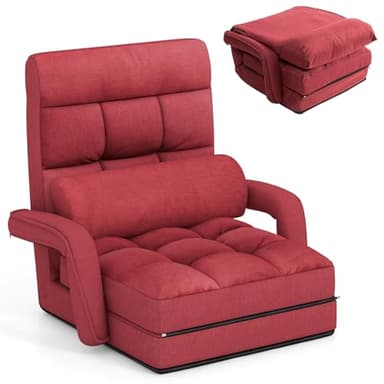 HOMFME Chauffeuse 1 Place Convertible avec Dossier Réglable 6 Positions, Cadre en Métal, Fauteuil Convertible 3 en 1 avec Oreiller en Coton, 70 x 68 x 74 CM, Idéal pour Salon, Bureau, Chambre (Rouge)