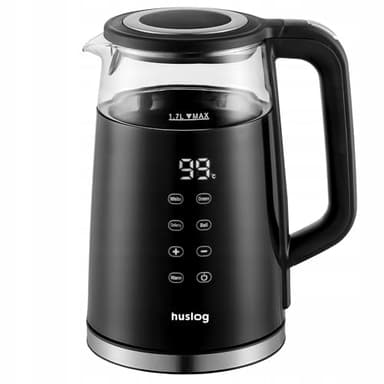 Huslog Bouilloire Électrique 1,7L avec Écran Tactile, 2200W, Verre et Inox, 4 Programmes, Température Réglable 40–100 °C, Fonction Maintien au Chaud, Filtre Anticalcaire, Base 360°, Noir