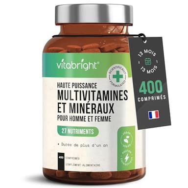 Multivitamines et Minéraux 400 Comprimés Multivitamines Femme/Homme, Complement Alimentaire Vitamine Fatigue Intense, Immunité Adulte, Cure Vitamine Adulte Vitamines Minéraux et Compléments VitaBright