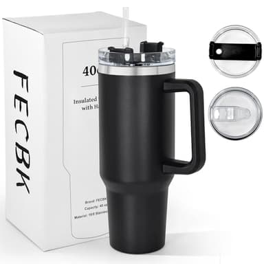 FECBK Mug Isotherme avec Paille et Poignée 1.2L, Tasse Isotherme 100% Anti-fuite, 34 Heures Froid, 12 Heures Chaud, Gobelet en Acier Inoxydable, Lavable au Lave-Vaisselle, Noir