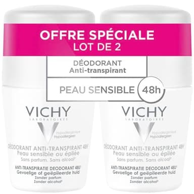 Vichy, Déodorant Anti-Transpirant 48H Roll-On, Hypoallergénique, Pour les Peaux Sensibles ou Épilées, Sans Alcool, Sans Parfum, Lot de 2 x 50ml