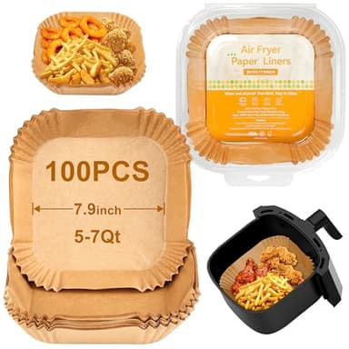 100 Pcs Papier Cuisson Air Fryer, Carrées 20 CM Papier Air Fryer Pour Ninja, Philips, Qualité Alimentaire Papier Sulfurisé, Papier Cuisson Jetable Pour Air Fryer, Four Et Micro-Ondes.