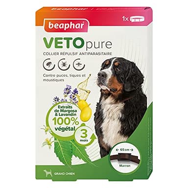 BEAPHAR – VETOPURE – Collier répulsif antiparasitaire pour Grand Chien – Aux extraits de Margosa & de Lavandin – Contre Les puces, tiques et moustiques – Protection 3 Mois – Collier Marron de 65cm