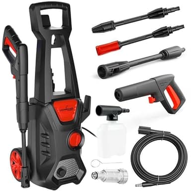 LEHMANN Jukon Nettoyeur Haute Pression, 1600 W, Max. 200 Bar, Débit 480 l/h, Tuyau Haute Pression de 5 m, Pistolet, Lances et Une Lance à Mousse, Idéal pour Maison, Jardin et Voiture