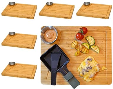DuneDesign Set d'Assiettes à Raclette 6 Personnes - 30x25 Planche à Raclette en Bois avec Bol à Dips - Dessous de Poêlon à Raclette en Bois - Accessoires pour Raclette Planchette à Raclette en Bambou