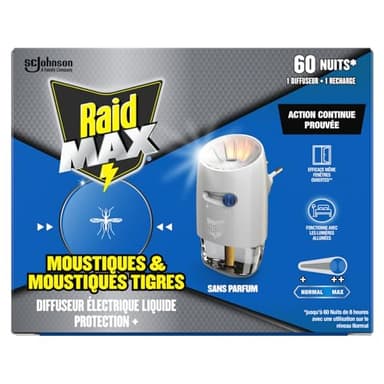 Raid Max Prise Anti-Moustiques Électrique Liquide - Moustiques et Moustiques Tigres 60 Nuits - 1 Diffuseur + 1 Recharge - Sans Parfum