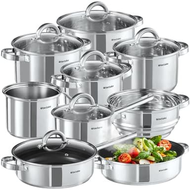 tectake® Set de casseroles & Poele Inox 15 pcs, revêtement anti-adhésif, Lot de casseroles, poêles & couvercle casserole, ustensiles de cuisine idéal Induction cuisinère gaz & vitrocéramique