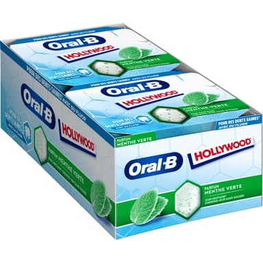 Hollywood Oral B - Chewing-Gum Sans Sucre Au Fluor - Parfum Menthe Verte - Soin Dentaire - Pour des Dents Saines - Haleine Fraîche - Lot de 12 Étuis de 10 Dragées