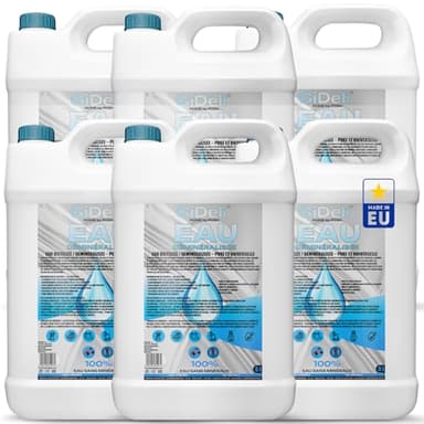 GiDeli Eau déminéralisée 6 x 5L Eau distillée pour fer à repasser, batteries, radiateurs, humidificateurs, aquarium et laboratoire - Eau sans calcaire, inodore, claire
