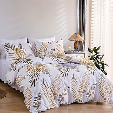 Set Housse de Couette 220x240 cm Motif Feuilles Tropicales Dorées Botanique 2 Personnes et 2 x Taies d'oreiller 65x65 cm 100% Microfibre Parure de Linge de Lit avec Fermeture Éclair, Or Blanc