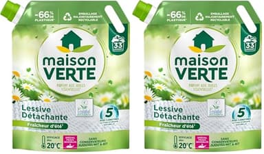Maison Verte - Recharge Lessive Liquide - Parfum Fraîcheur d'Ete - Lessive Détachante - Peaux Sensibles - Efficace dès 20°C - 5 Enzymes Actives d'Origine Naturelle - Sans Conservateurs - 33 Lavages