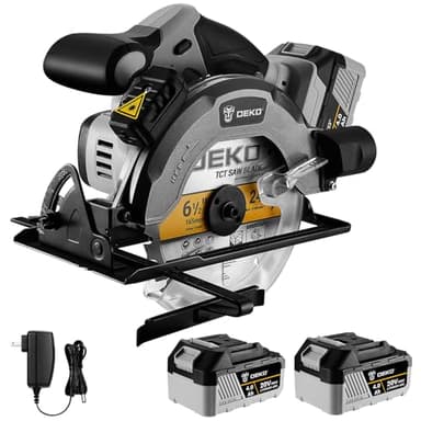 Scie Circulaire à Batterie 20V DEKOPRO: 6 Vitesses, Batteries 4Ah, 4500 tr/min, Diamètre de la lame 165mm, Profondeur de Coupe 48mm (90°), 32mm (45°), pour Bois Tendres et Durs