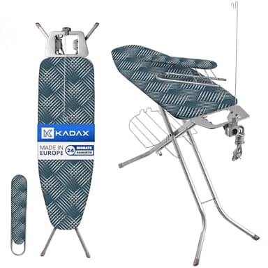 KADAX Table à Repasser pour Centrale Vapeur, Planche Pliable avec Support pour Fer, Prise de Courant, Étagère et Hauteur Réglable (120 x 38 cm, Bleu Marine)