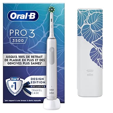 Oral-B Pro 3 3500 Brosse À Dents Électrique, Avec Capteur De Pression Pour Protéger Les Gencives, 3 Modes De Nettoyage, 1 Manche Blanc, 1 Étui De Voyage, 1 Brossette Ronde De Rechange