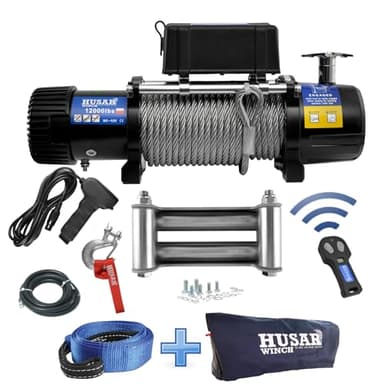 Husar Winch Treuil électrique 12000 lbs | 5443 kg 12V avec Corde en Acier 25m x 9.5mm,Commande sans fil,Transmission Planétaire à 3 étages,Idéal Pour,Véhicules Tout-Terrain,Véhicules 4x4,OFF-ROAD