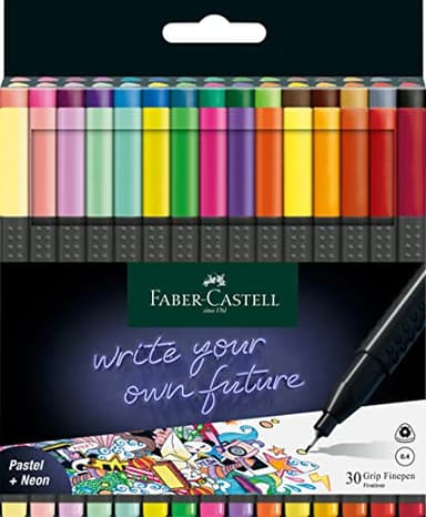 Faber-Castell 151630 Boîte de 30 Feutres Pointe Fine, Feutre Dessin 0.4mm avec Grip Ergonomique, Feutres Coloriage Adultes, Feutre a Eau Lavable sur la Plupart des Tissus