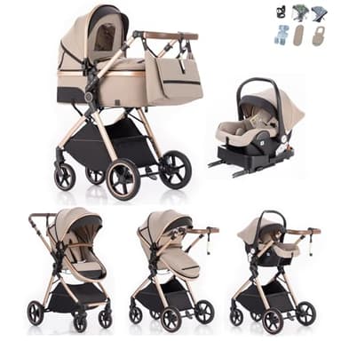 Kakbgee Trio Poussette 3 en 1 avec Siège Auto, Landau Bébé Pliable, 7 Positions Poignée, Suspension 4 Roues, Housse Pluie, Moustiquaire, Système de Voyage pour Nouveau-Nés 0-3 Ans (15kg),Beige-Kaki