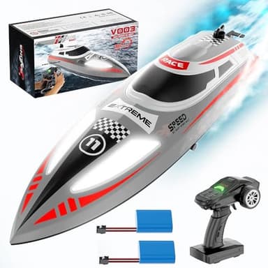 OBEST Télécommande Bateau avec Lumière LED, 30 km/h Haute Vitesse RC Bateau, Mise à Niveau Etanche Radiocommandé Boat, 2 Batterie, Mode Pilote Automatique Jamais chaviré, Vitesse Réglable (Gris)