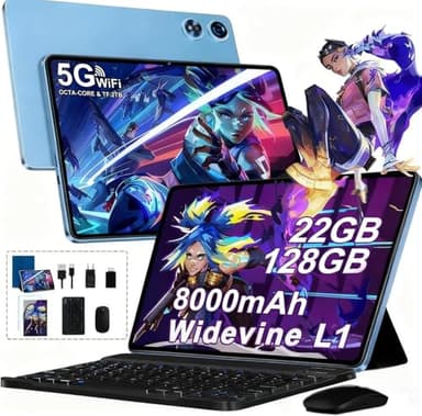 2026 Tablette 10 Pouces Android, 128Go ROM(TF 2To)+ 22Go RAM , 5G WiFi Octa-Core 2.0GHz, 8000mAh, GPS, Gemini AI tablette, 5+8MP,Bluetooth 5.0,Widevine L1, Tablette Tactile avec Clavier+Souris（Bleu ）