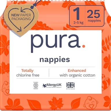 Pura Couches Écologiques, Taille 1 (2-5kg), 25 Couches Pour Nouveaux-nés, Peau Sensible, Coton Bio, Indicateur d'Humidité, Découpe Cordon Ombilical
