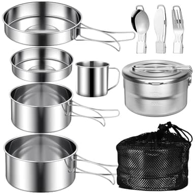 10PCS Set de Cuisine de Camping en Acier Inoxydable, Kit de Casseroles Camping avec 1.5L Marmite de Camping, Poêles, Couverts Pliables et Tasses de Camping, pour Camping, Randonnée et Pique-Nique