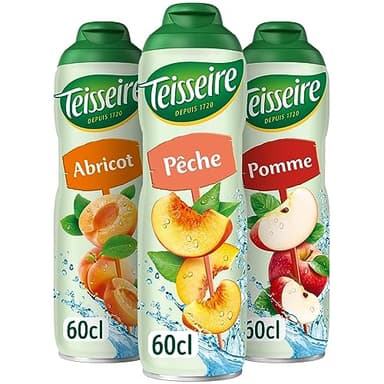 Lot de 3 sirops Teisseire (Pêche, Abricot, Pomme) pour Boisson Rafraîchissante, Cocktails, Bidon Recyclable 3x60cl