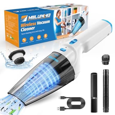 Milunho Aspirateur Voiture, 9500PA Portable Mini Aspirateur a Main, Aspirateur de Table avec Accessoires Multifonctions pour Maison Voiture Table (Bleu)