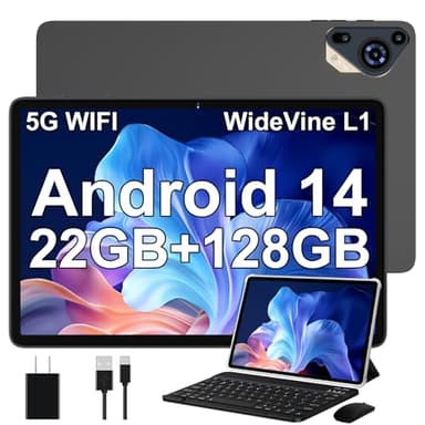 Tablette Android 14 avec 22 GO + 128 GO (Extensible jusqu'à 1 to), 5G WiFi, Tablette 10 Pouces avec GPS, Widevine L1, 8 Cœurs 2,0 GHz, 8000mAh, Tablette Tactile avec Clavier + Souris et Cas, Noir