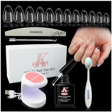 Kit Pose Americaine Ongles, 552 Pcs Capsule Americaine Ongle Amande, Colle Faux Ongles 5 en 1, Lampe UV Gel Pose Americaine, Limes à Ongles, Acrylique Artificiel Capsules Ongles Kit Manucure
