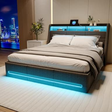 LIVLUX Lit Coffre 160x200 avec sommier LED et USB,Lit Double rembourré avec Rangement hydraulique,lit 2 Personnes pour Adultes et Adolescents,Lin (Gris Clair, 160 x 200 cm)