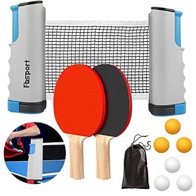 FBSPORT Raquette de Ping Pong Set Professionnel Raquettes de Tennis de Table avec Filet + 2 Raquette de ping-Pong + 6 Balles +1 Sac de Transport Ping Pong Kit pour Adultes Enfants Intérieur Extérieur
