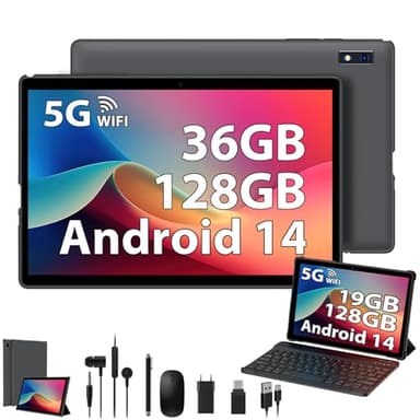 Tablette 10 Pouces, Android 14 Tablette Tactile avec 36 Go de RAM + 128 Go de ROM (TF/2 To), Octa-Core 2.0GHz, 5G WiFi, WiFi 6, Certifiée GMS, 8MP, Tablette avec Clavier/Etui/Ecouteurs/Souris/Stylet