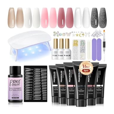 PEACECOLOR Poly Extension Gel Kit Complet avec Lampe U V 6 Couleurs Nude Rose Blanc 16ml Ongle gel Kit Construction Ongle avec Base et Top Coat La Manucure à la Maison