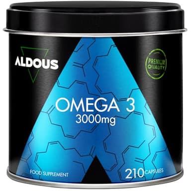 Oméga 3 Huile de Poisson - 3000 mg par jour - 210 Gélules - Avec Acides Gras EPA et DHA - Haute Concentration - Vitamine E, Acides Gras - Vision, Cerveau - Plus de 2 Mois - ALDOUS