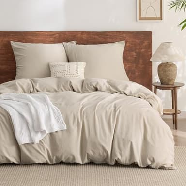 BEDSURE Parure de lit 220x240 Coton 3 pièces - Ensemble de literie Beige Housse de couette avec 2 taies d'oreiller 80x80 cm, Texture similaire au lin lavé, Parure de lit Oeko-TEX avec fermeture éclair