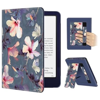 FINTIE Étui pour 7" Kindle Paperwhite (12e Génération, 2024) et Kindle Colorsoft (1re Génération, 2025/2024), Coque avec Béquille, Compartiment pour Cartes et Dragonne, Fleur Hibiscus